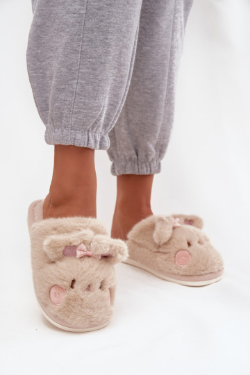Dames slippers met bont, oortjes en strikjes in zandkleur Corayne