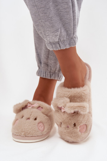 Dames slippers met bont, oortjes en strikjes in zandkleur Corayne 2