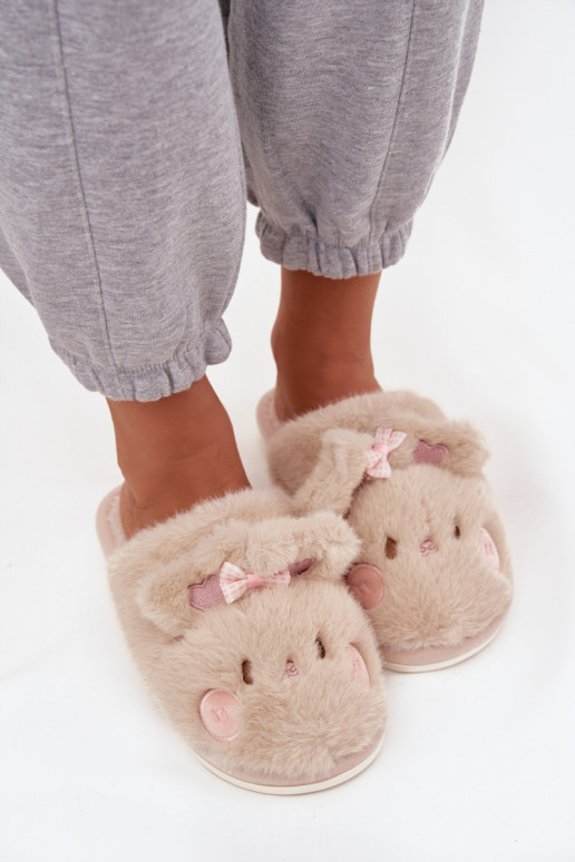 met bont Slippers Dames met oren I Kokardką beige Corayne