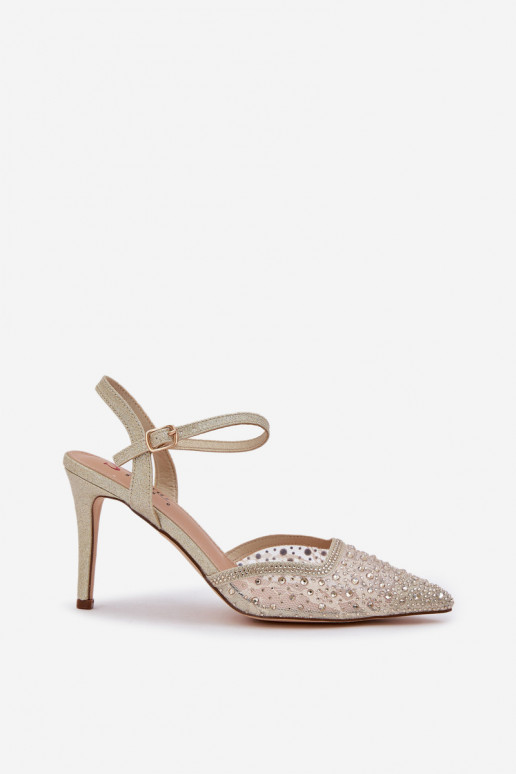 Décoré chaussures à talons hauts avec un talon ouvert couleur dorée Activénadra