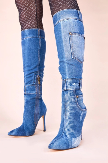 Jeansfarbene Stiefel auf Pfennigabsatz mit Taschen Sina