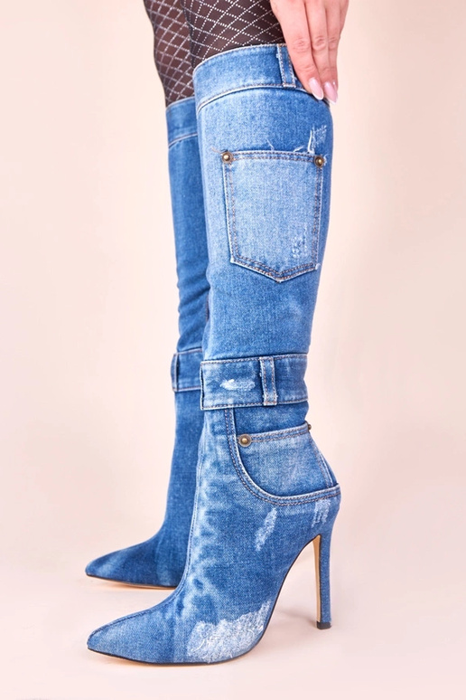 Jeans lange laarzen op hoge hak met...