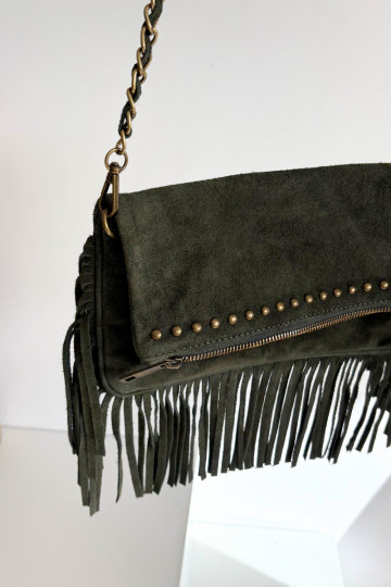 Dunkelgrüne Kunstwildledertasche mit Fransen und Kette Tarella 2