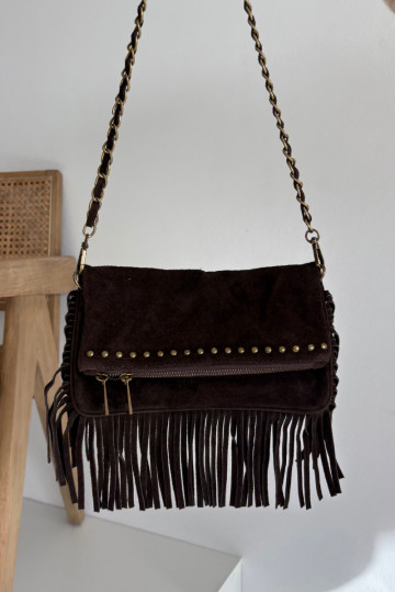 Chocoladebruine kunstsuède handtas met franje en ketting Tarella