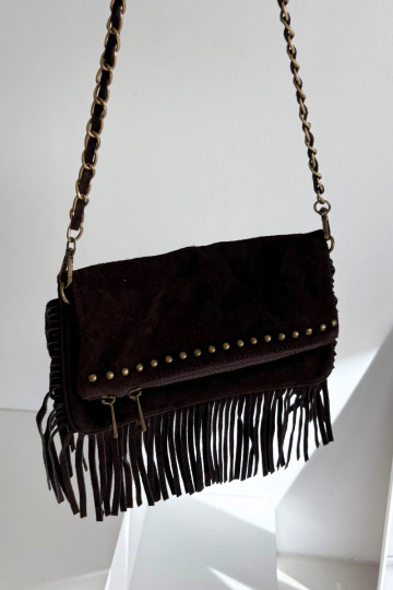 Schokoladenfarbene Kunstwildledertasche mit Fransen und Kette Tarella 2