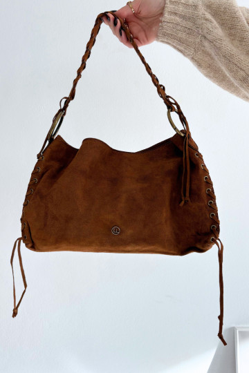 Skórzana van suèdeoIna Handtas Met sierlijk Vetersluitingm bruine kleur Janelis