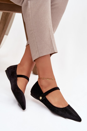 Ballerines en velours avec sangles et détails dorés, noires Gisanne