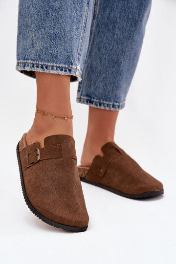 Slippers Klompen Dames i met platform met gespen bruine kleur Selio 2