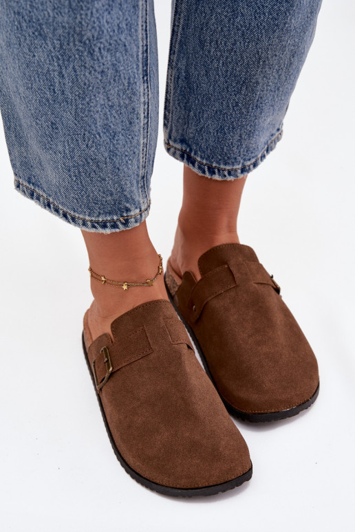 Slippers Klompen Dames i met platform met gespen bruine kleur Selio