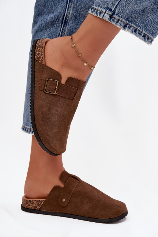 Slippers Klompen Dames i met platform met gespen bruine kleur Selio