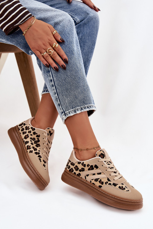 Chaussures modèle baskets Féminin avec une plateforme avec des motifs en fourrure de léopard beige Denissa
