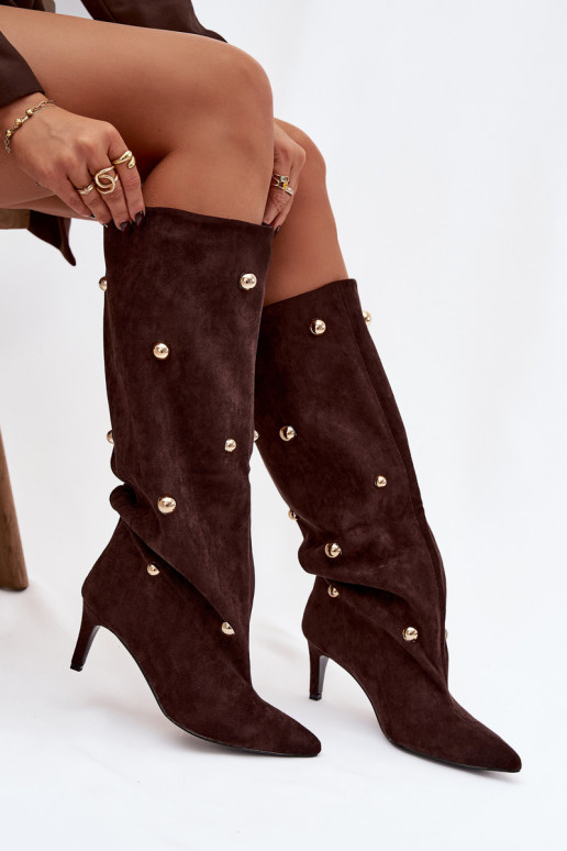 Ein überzeugendes Stilvollll Damenstiefel mit dünnen Absätzen Ze goldene Farbemi Ozdobami CzekoladoZue Thaliane