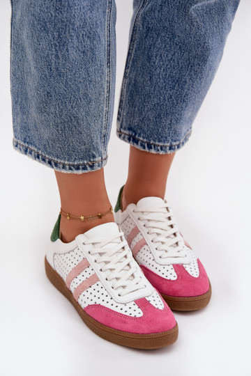Wit-roze Zazoo N1318 dames sportschoenen met opengewerkte elementen van natuurlijk leer