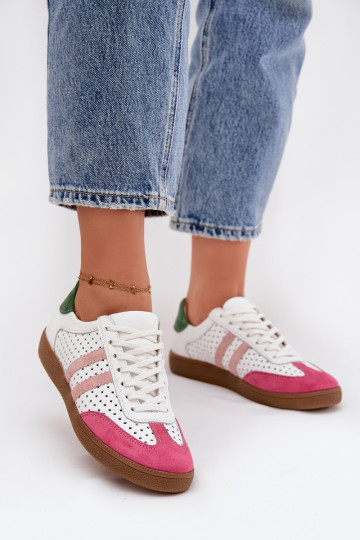 Zazoo N1318 Damen Sneakers in Weiß-Rosa mit durchbrochenen Elementen aus Naturleder 2