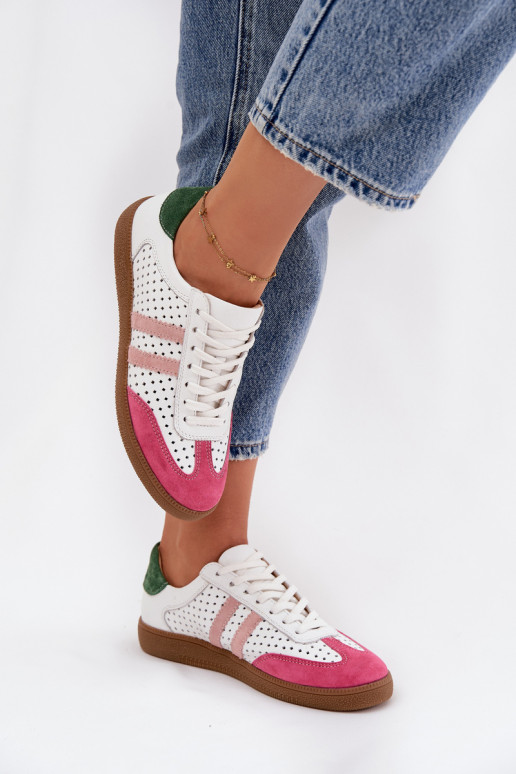 Peau avec des éléments ajourés Chaussures modèle baskets Féminin Zazoo N1318 Blanc-couleur rose