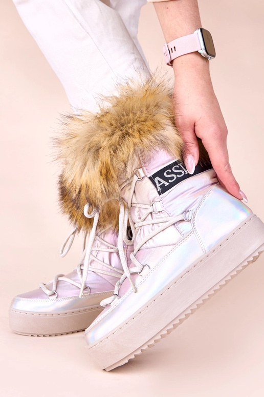 Zilveren sneeuwlaarzen met een roze...