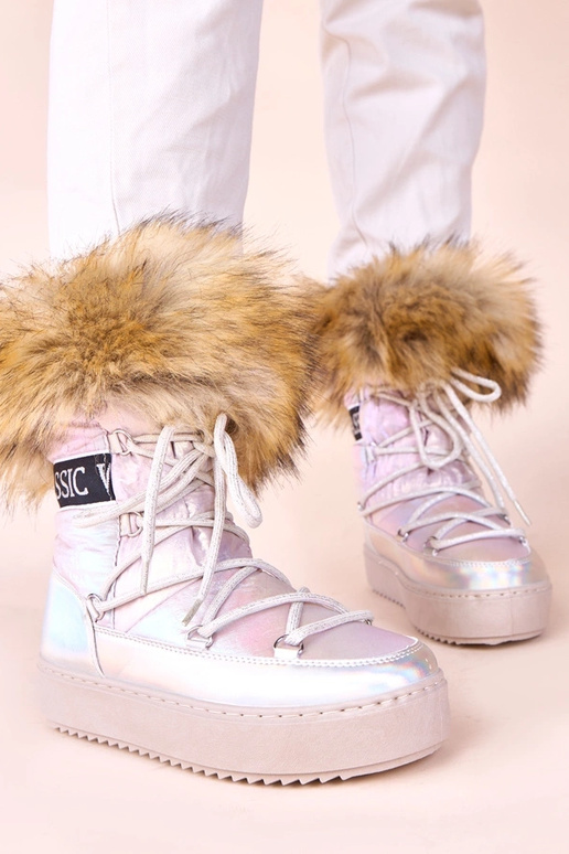 Silberne Schneestiefel mit rosa...