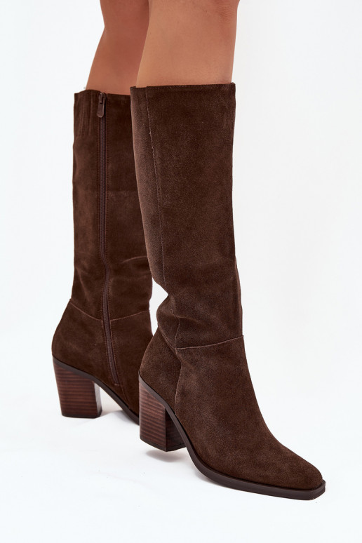 Bottes en daim hautes pour femmes avec talons et fermeture, chocolat, Lissara