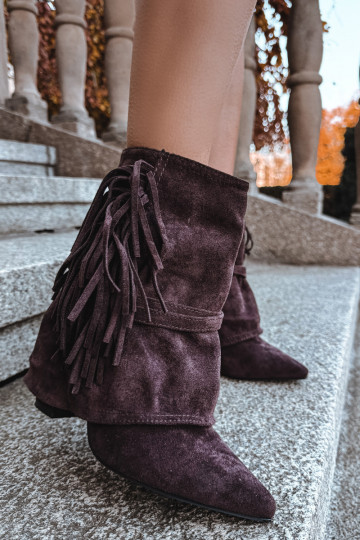 Bottines pour femmes couleur chocolat à franges et boucles dorées Evelisse