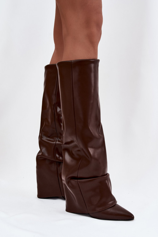 Schokoladenfarbene warme Damen-Overknee-Stiefel mit gewickeltem Schaft auf Absatz Elivira