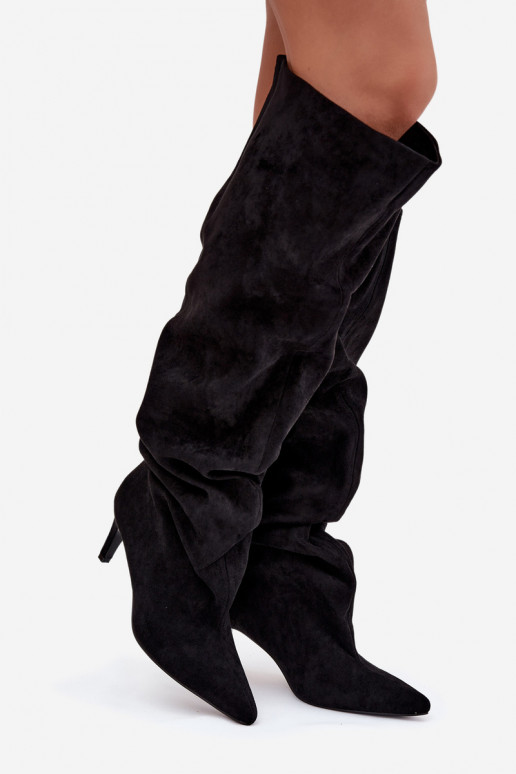 Bottes longues féminines à talons fins à enfiler couleur noire Taivilla