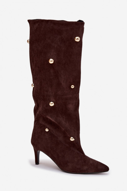 Bottes longues à enfiler chocolat pour femmes avec talons fins et ornements dorés Thaliane
