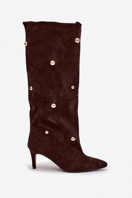 Schokoladenfarbene Slipper-Stil Damen-Overknee-Stiefel mit dünnen Absätzen und goldenen Verzierungen Thaliane