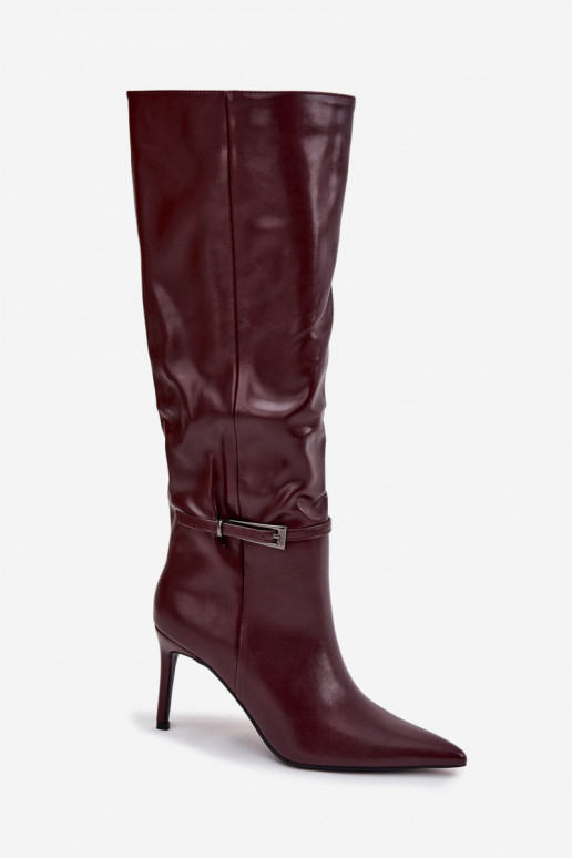 Bottes longues pour femmes avec talons fins et sangles couleur bordeaux Lisanne