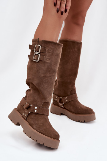Bottes montantes pour femmes Big Star OO274A182 couleur sable, isolées, avec boucles en suède naturel 2