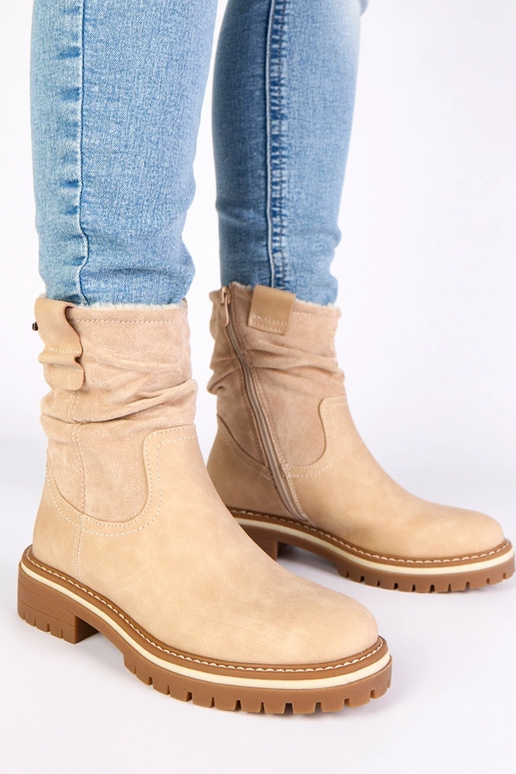 Beige warme Stiefeletten mit gerafft...