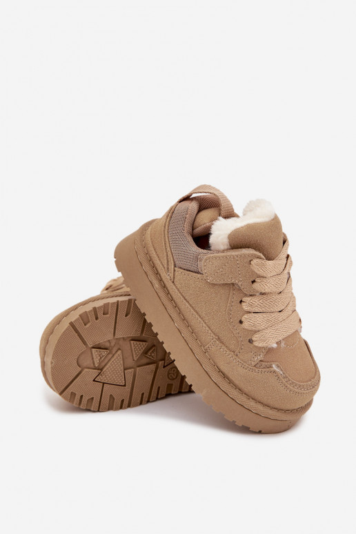 Zandkleurige warme kinder sneakers met voering van bont Mireen