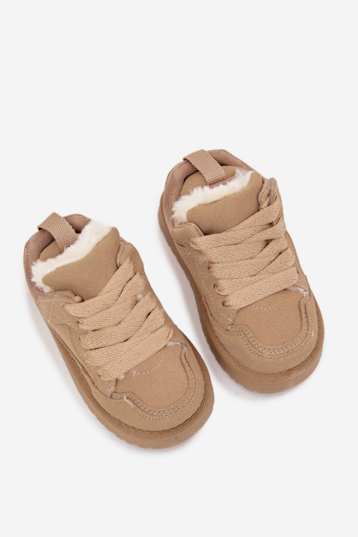 Zandkleurige warme kinder sneakers met voering van bont Mireen