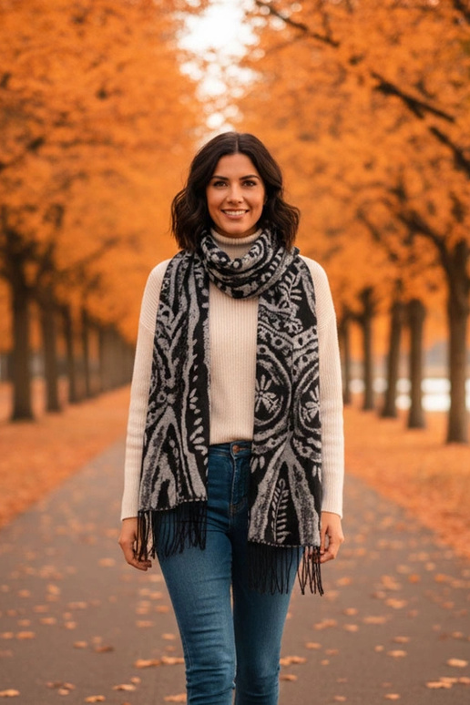 Zwart-witte sjaal met bloemen Colonie