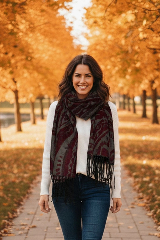 Grijs-bordeaux sjaal met bloemen Colonie