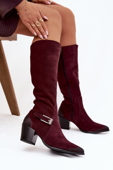 Bottes longues en cuir suédé avec talons et boucles doublées de couleur bordeaux Zazoo 70156