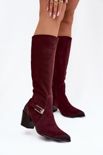 Lederne Veloursstiefel mit Absatz und Schnallen gefüttert Zazoo 70156 in bordeauxfarbener Farbe 2
