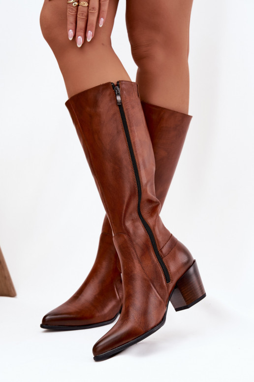 Haut Stiefel mit Absätzen mit Schnallen sich Zuarm laufen Zazoo 70156 braune Farbe