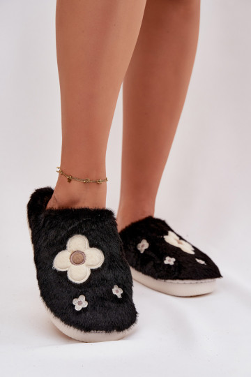 Zwarte Selinne slippers met bont en bloemenmotieven