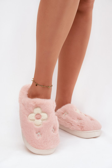 Mules Selinne roses avec fourrure et motifs floraux