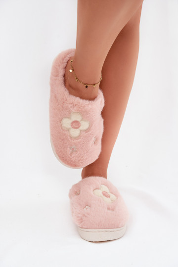 Roze Selinne slippers met bont en bloemenmotieven 2