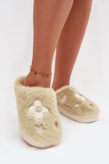 Pistachekleurige Selinne slippers met bont en bloemenmotieven 2