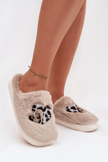 Zandkleurige Amandra slippers met bont en hartjes 2