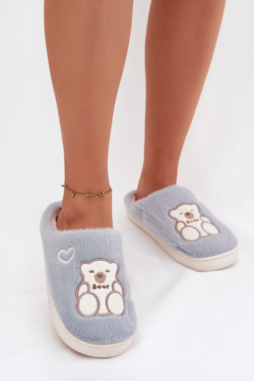 Blaue Noralie Hausschuhe mit Fell und Teddybär