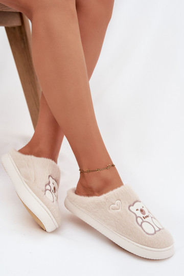 Zandkleurige Noralie slippers met bont en een teddybeer