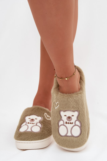 Groene Noralie slippers met bont en een teddybeer 2