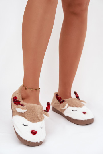Slippers Kerstmis Dames Met Thema Rendier met bont beige Orsella 2