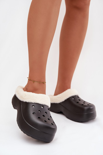 Zwarte Palvine lichte dames slippers, gevoerd met bont aan de binnenkant 2