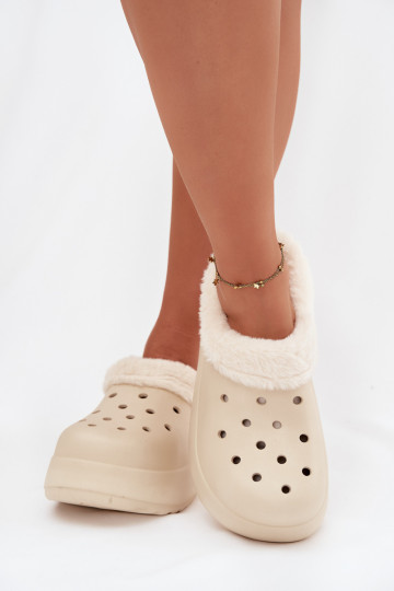 Zandkleurige Palvine lichte dames slippers, gevoerd met bont aan de binnenkant 2