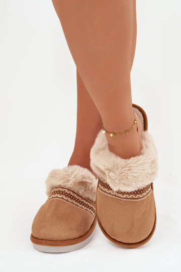 Braune Devianne Damenhausschuhe mit Fell und Stickerei