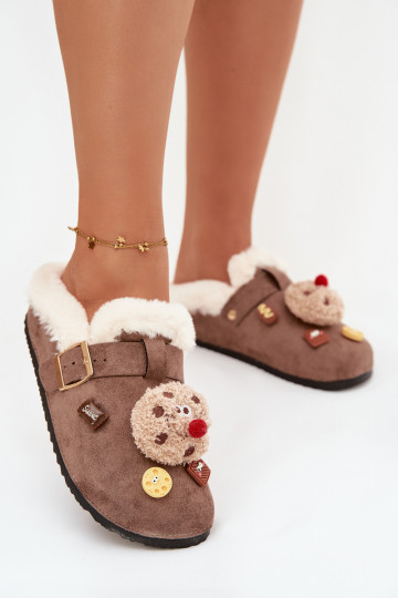 Slippers Dames met mooie details I met gespen opInarmen met bont erin bruine kleur Thalora 2